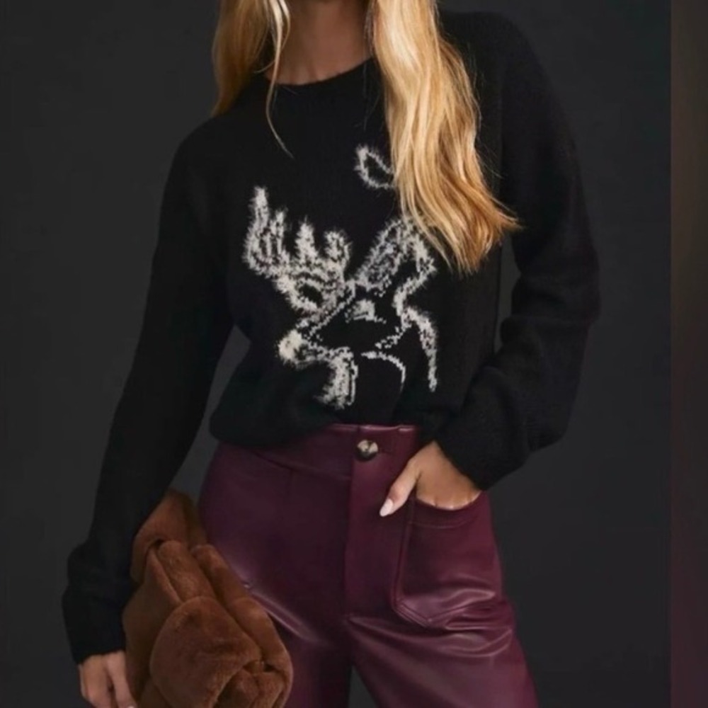 Anthropologie Oh Deer Sweater Black White Size S